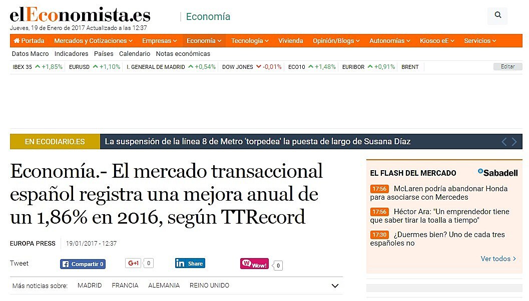 El mercado transaccional espaol registra una mejora anual de un 1,86% en 2016, segn TTRecord